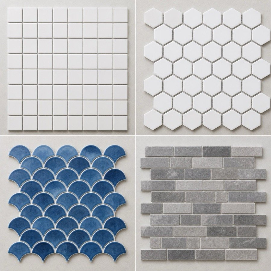 Ceramic mosaic tile collection in square, hexagon and fan shapes
