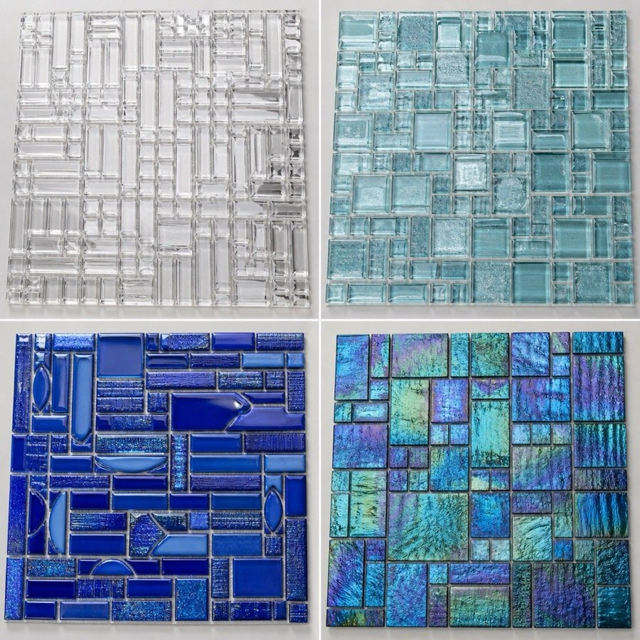 Crystal glass mosaic tile collection with clear and blue finishes