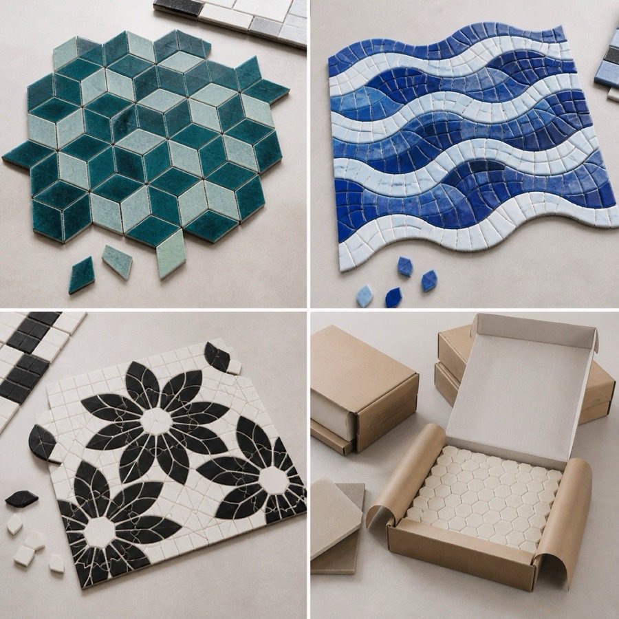 Custom mosaic tile collection showing colors, patterns and private-label options
