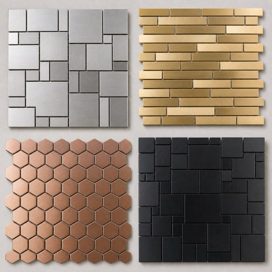 Metal mosaic tile collection in silver, gold, copper and black finishes