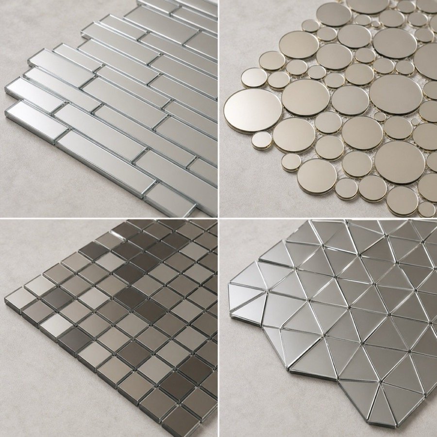 Mirror mosaic tile collection with reflective geometric finishes