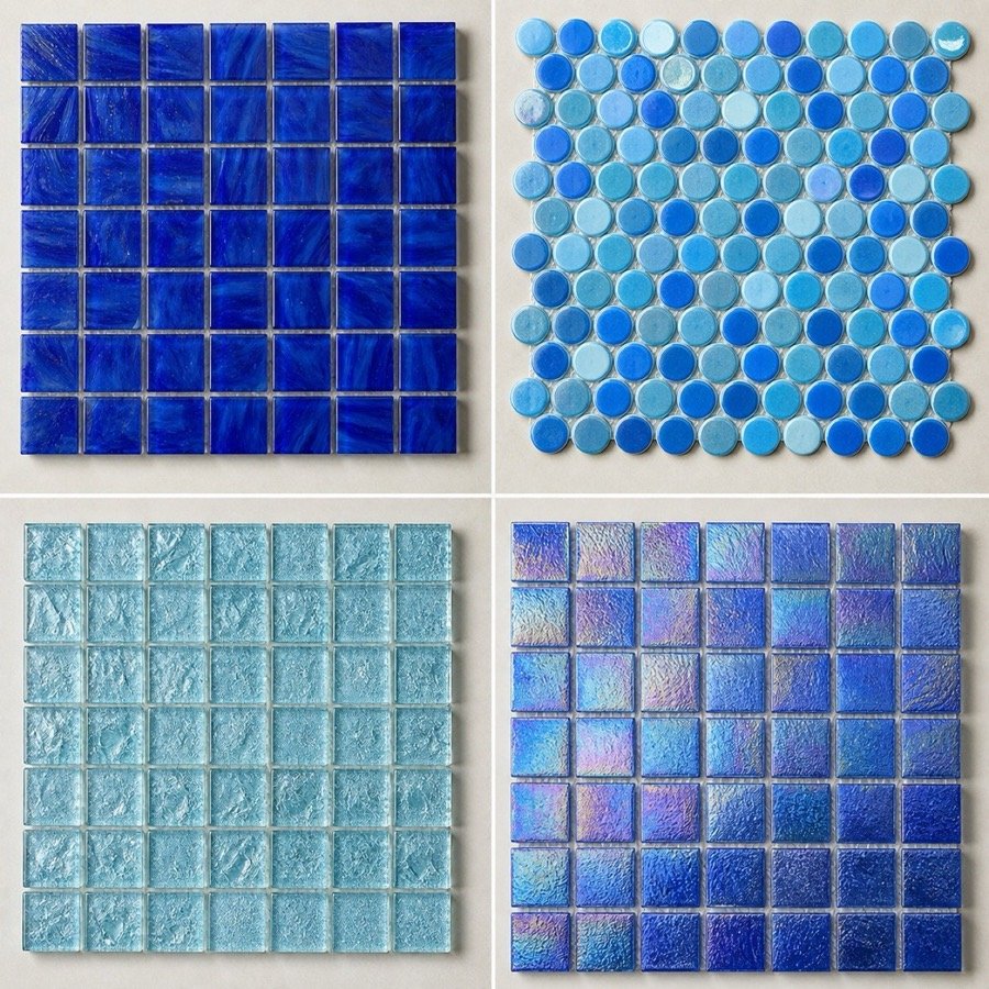 Swimming pool mosaic tile collection in blue and aqua colors